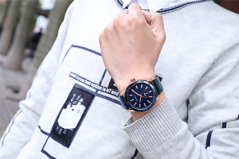 Currren-novo relógio masculino de marca luxuosa, criativo, azul, pulseira de aço inoxidável, relógio de quartzo, data e semana, relógio de exibição