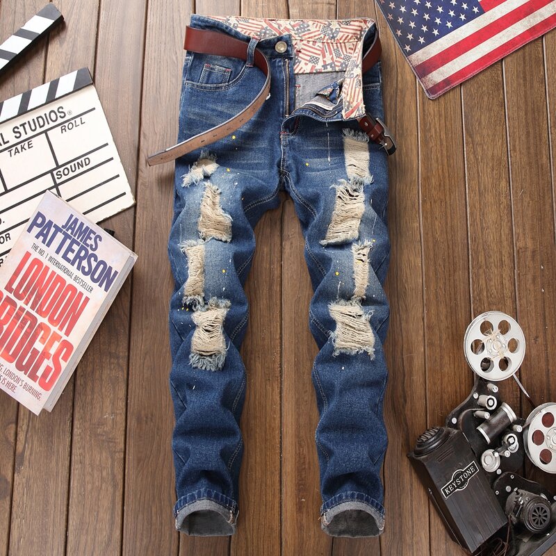 2019 рваные джинсы, мужские рваные прямые модные повседневные мужские джинсовые брюки с дырками, мужские джинсы бриджи 29-38, мужские джинсы