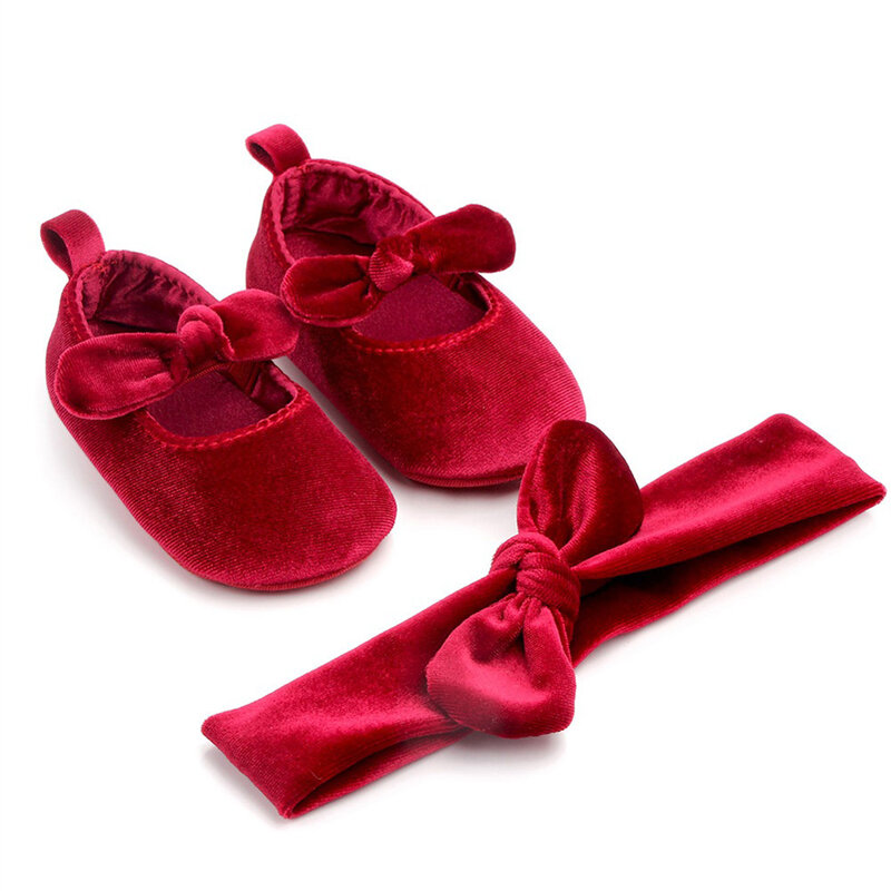 Śliczne noworodka dziewczynka złoto aksamitne maluch buciki buty dziecięce + Hairband dziewczynka buty urodzinowe