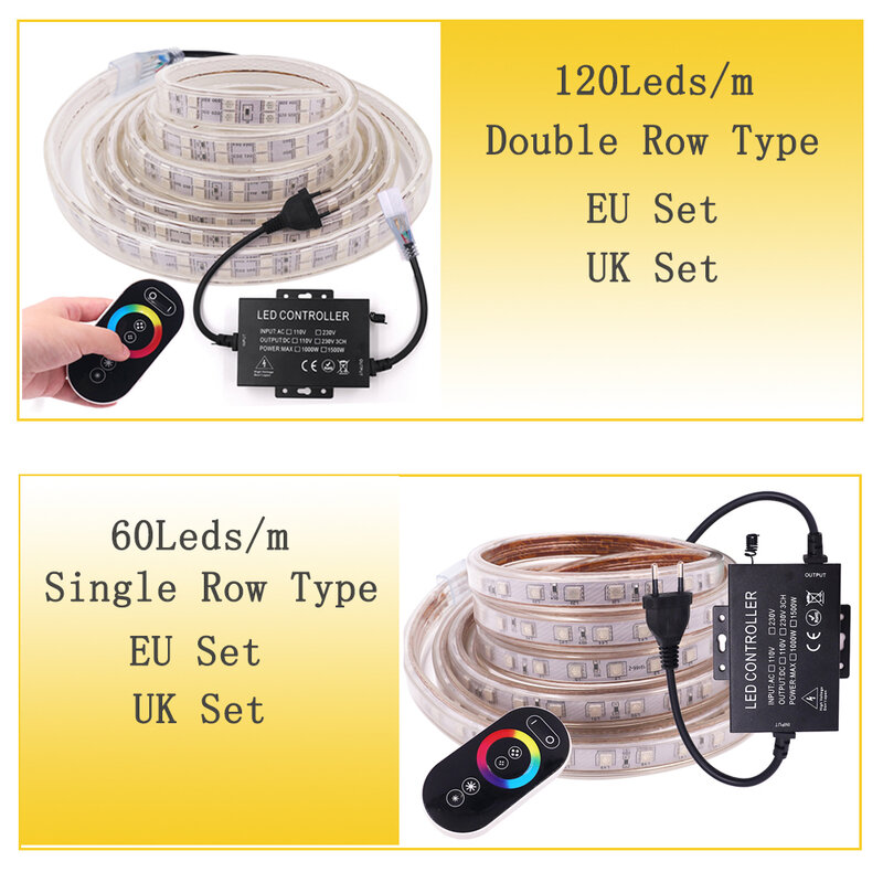 220V SMD5050 RGB LED Streifen Licht Flexible LEDTape 60/120 LEDs/M Wasserdicht Zweireihig LED Band mit Fernbedienung EU/AU/UK