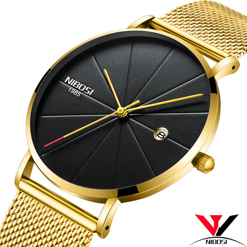 NIBOSI-relojes finos para hombre y mujer, pulsera de lujo con correa de malla, resistente al agua, color dorado, Unisex