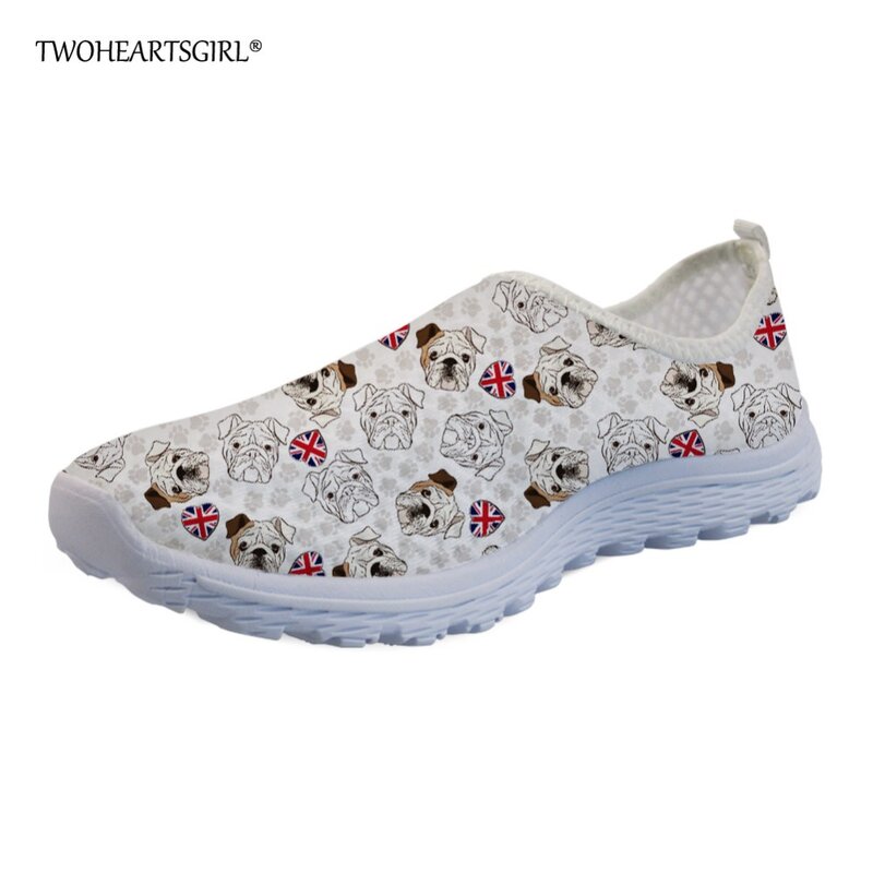 Twoheartsgirl Nette Englisch Bulldog Drucken Mesh Schuhe für Frauen Atmungs Weibliche Damen Slip-on Wohnungen Einzigartige Slipper Sneakers