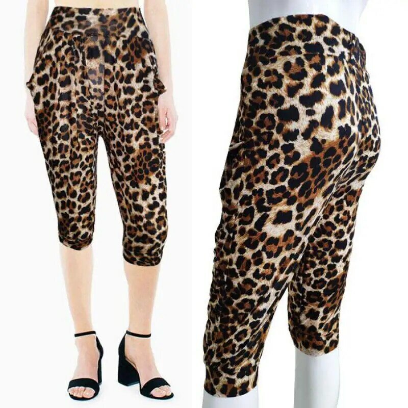 Calças femininas casuais, calças esportivas para mulheres, com estampa de leopardo, cintura alta, calças legging moderna