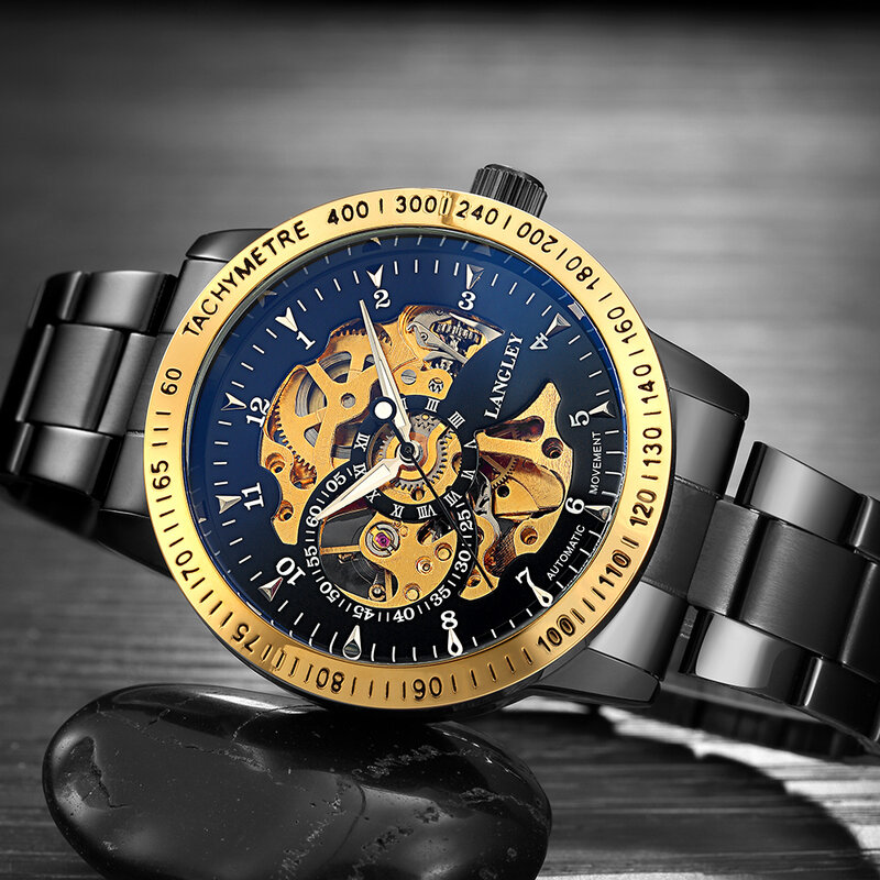 LANGLEY-Reloj de pulsera mecánico automático para hombre, cronógrafo masculino de acero inoxidable, a la moda, resistente al agua, color negro, nuevo, 2018