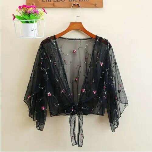 Women Cardigan Breathable Summer Thin Loose Lace Tops Long Shirts Women Thin Flower Blouses & Shirts Ladies Mesh Embroidery Top