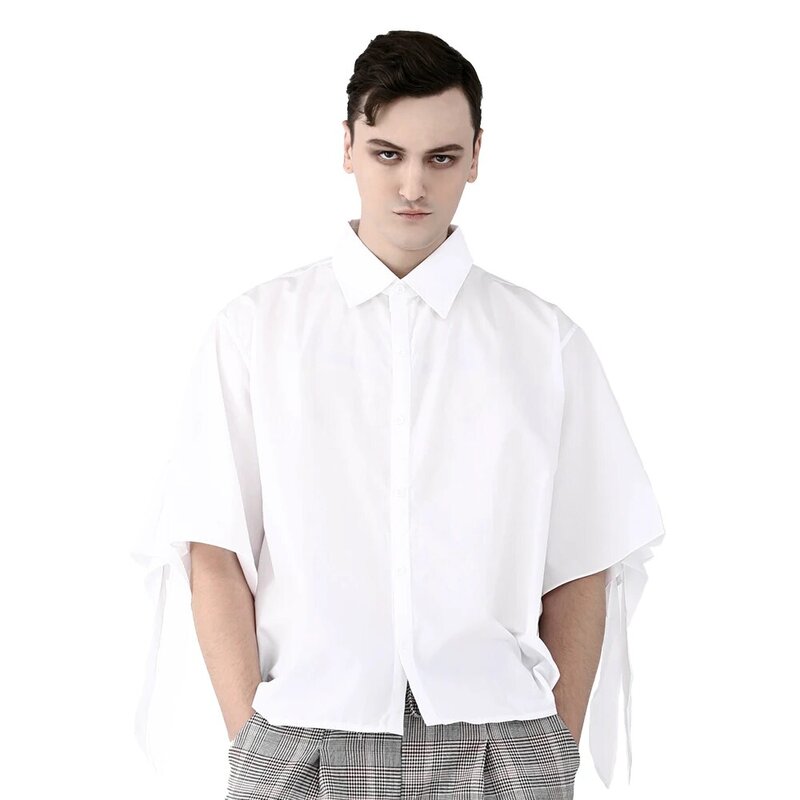 Punk Putih Smart Kasual Kemeja untuk Pria Setengah Lengan Dua Tali Katun Formal Blus Musim Panas Solid Tops