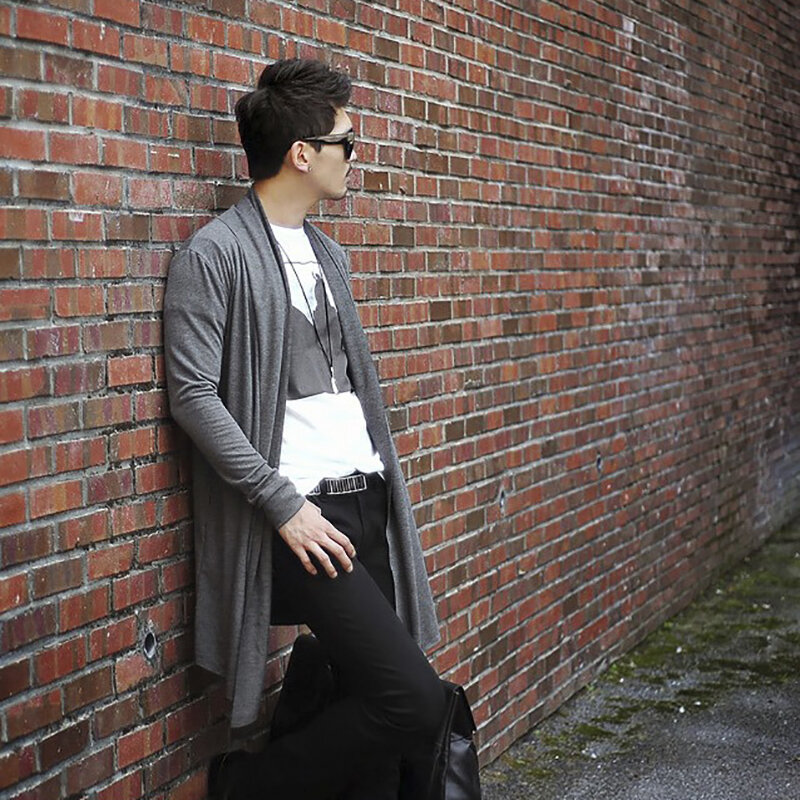 Baru Fashion Pemuda Pria Sweater Warna Solid Kemeja Lengan Panjang Kemeja Pria Slim Panjang Cardigan Sweater Mantel