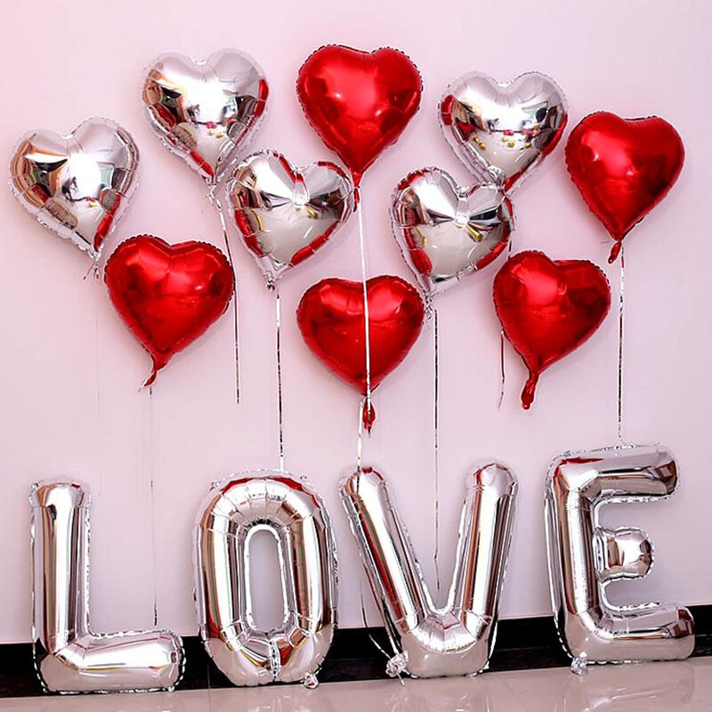 Globo de aluminio con letras doradas y plateadas de 32 pulgadas, globo de helio con corazón rojo dorado de 18 pulgadas, decoración para fiesta de San Valentín y boda