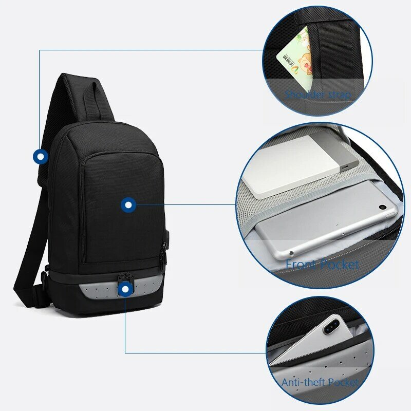 OZUKO-Bolso cruzado multifunción para hombre, bolsa de pecho con carga USB, resistente al agua, informal, bandolera de hombro
