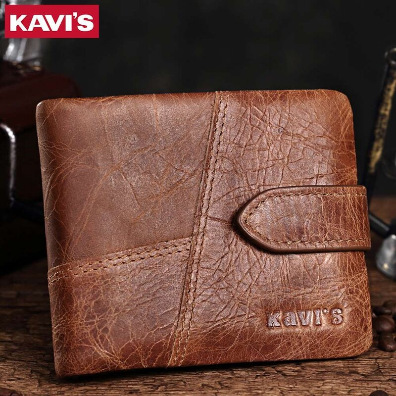 KAVIS-billeteras de piel auténtica para hombre, 100% pequeño y famoso con monedero y cremallera, tarjetero