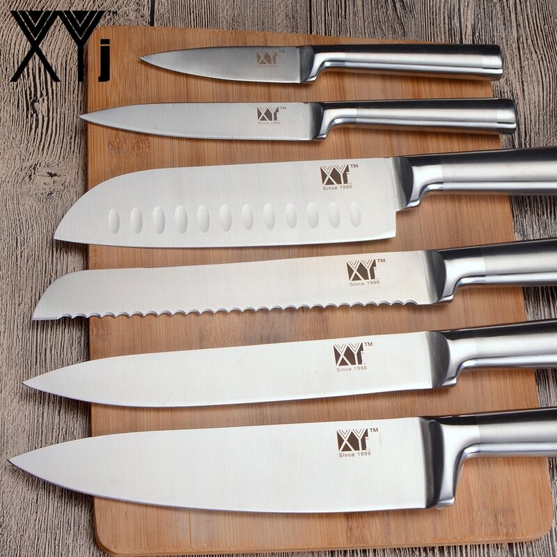 Xyj conjunto de facas de cozinha 7cr17, conjunto de facas de cozinha com estrutura de aço inoxidável, utilitárias para chef santoku, para cortar pão e cozinhar