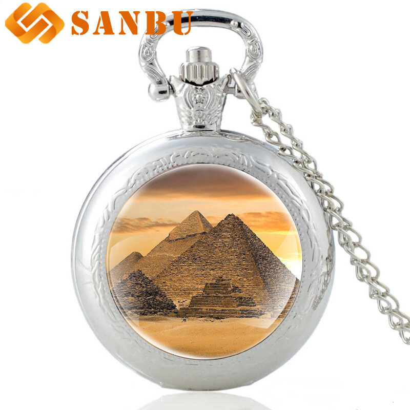Reloj de bolsillo de cuarzo para hombre y mujer, pulsera Retro de bronce con diseño de pirámide egipcia Vintage, joyería para collar