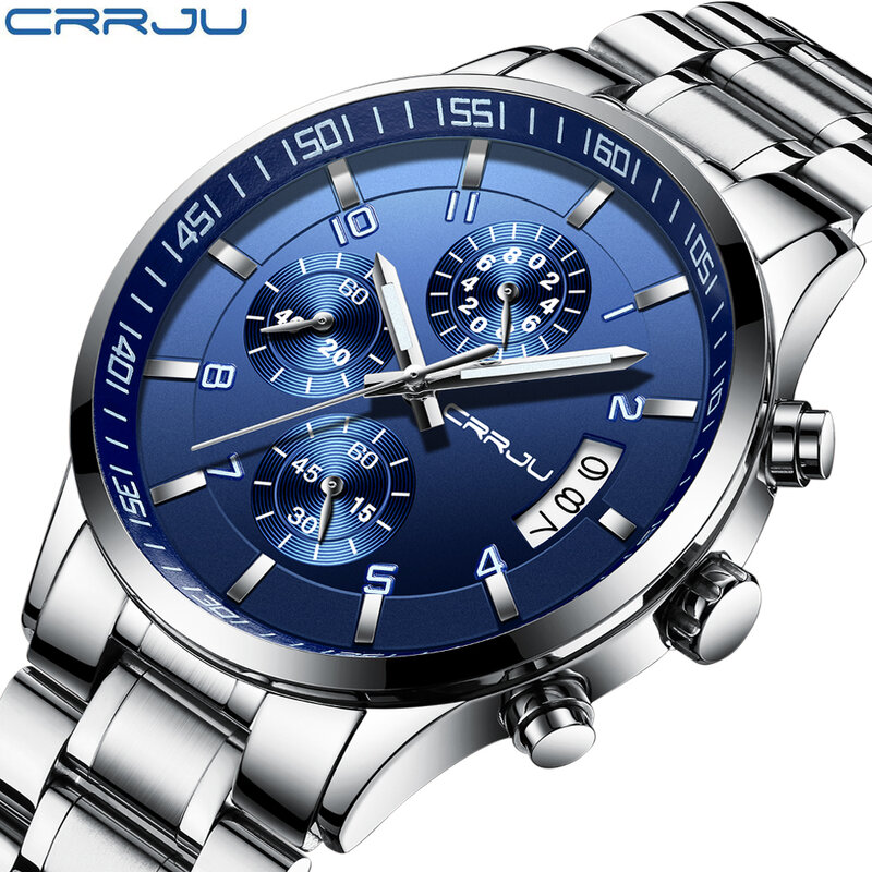 CRRJU العلامة التجارية الفاخرة عالية الجودة كرونوغراف رجال الأعمال ساعة مقاوم للماء الصلب الكامل للرجال ساعة كوارتز Relogio Masculino