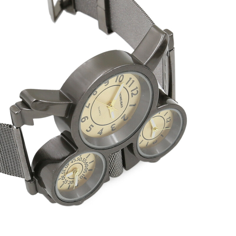 Kreatywny męskie zegarki Top marka luksusowe czarny opaska z siatki stalowej trzy razy zegarek wojskowy mężczyźni unikalne kwarcowy zegarek na rękę mężczyzna godzin
