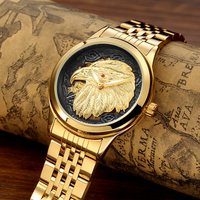 2018 relógio de pulso esculpido dourado 3d, exclusivo, todos em aço inoxidável, masculino, esqueleto, automático, mecânico, à prova d'água, esportivo