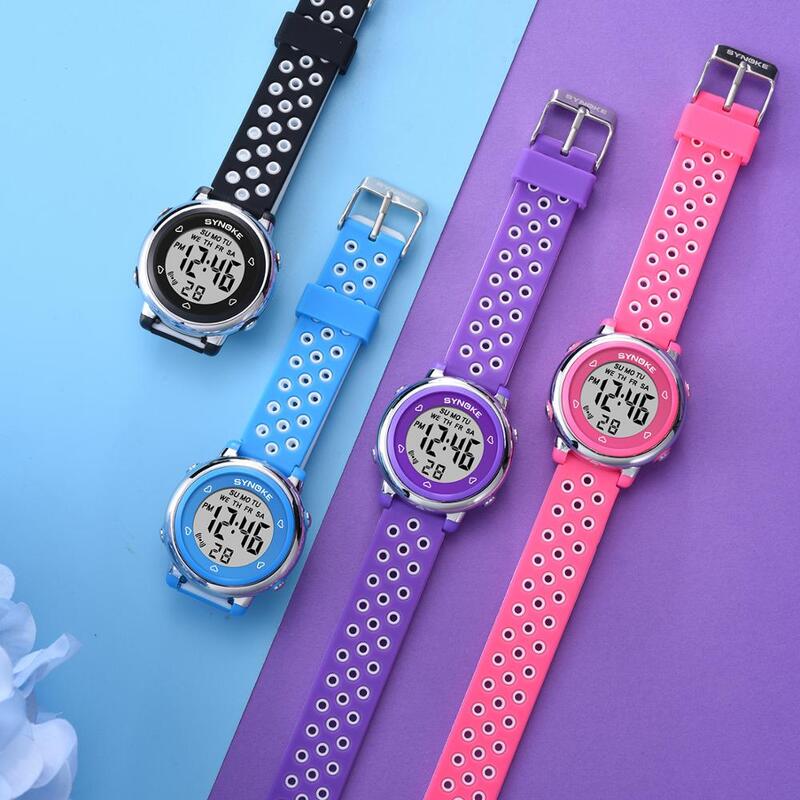 SYNOKE นาฬิกาเด็กที่มีสีสัน LED Multi-Function นาฬิกาข้อมือ Hollow Out สายกันน้ำนักเรียนนาฬิกา Relojes