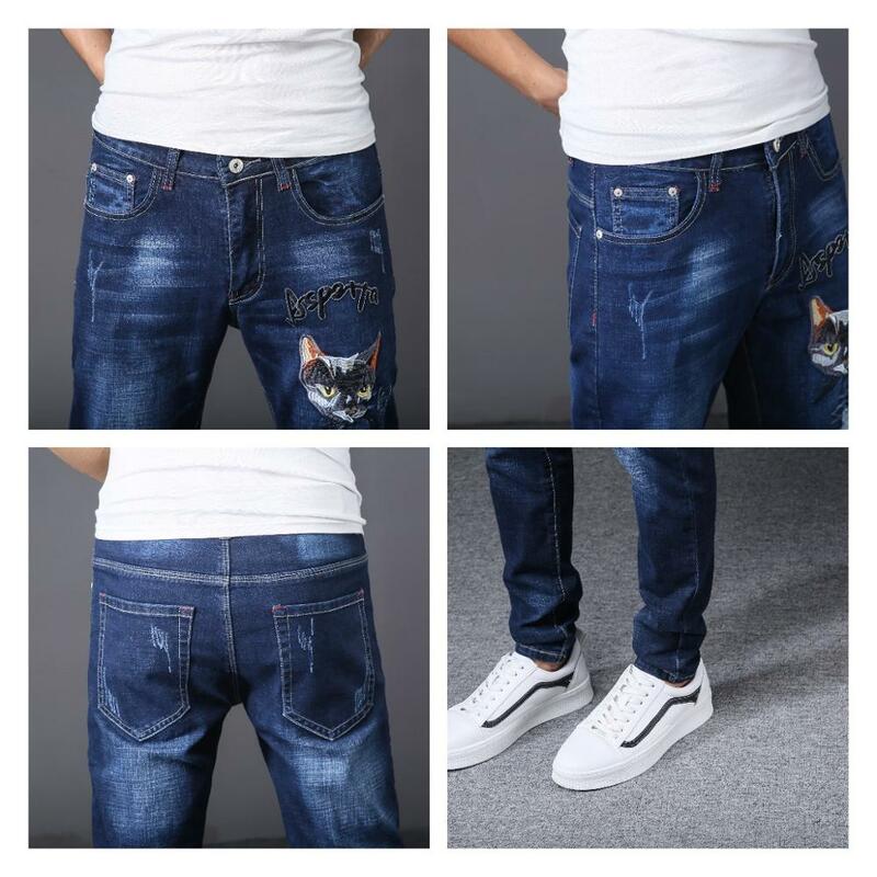 2019 Fashion Korean casual jeans men brand straight hole ripped distressed blue printed homme denim trousers plus size 29-38