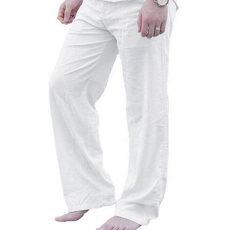 Oeak męskie spodnie lniane 2019 nowe letnie dorywczo w pasie luźne męskie jednokolorowe proste spodnie plażowe spodnie dresowe do biegania