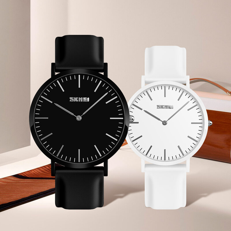 SKMEI kobiety kwarcowy zegarek luksusowy marka skórzany pasek Casual modny zegarek dla par zegar 30M wodoodporny relogio feminino 9179