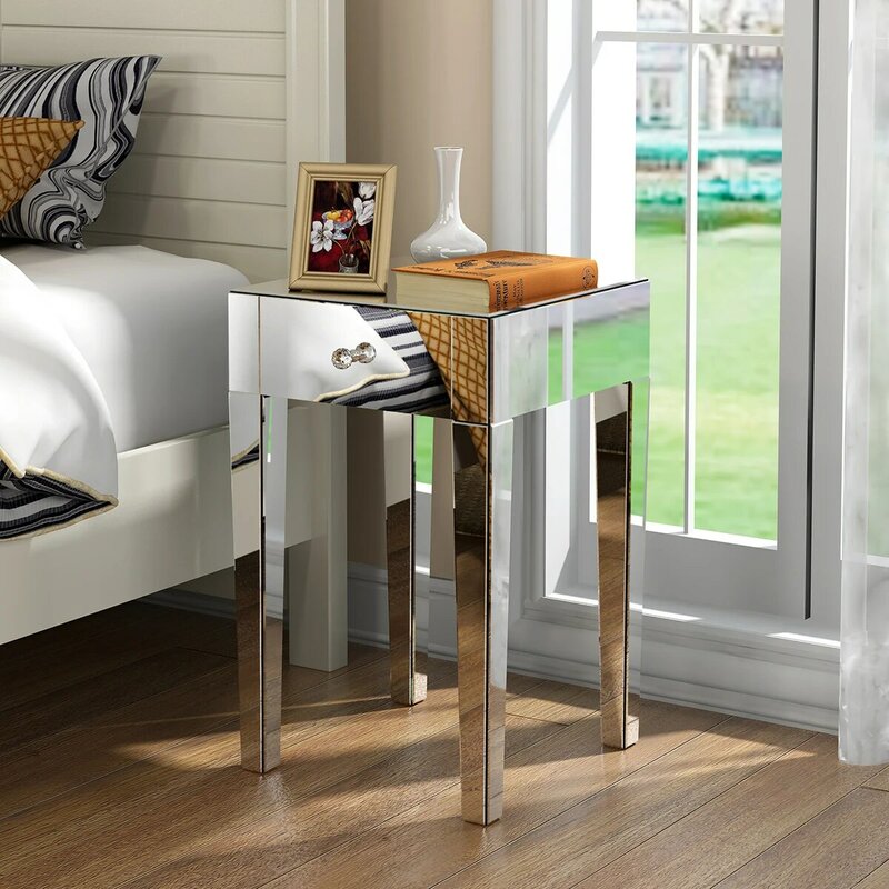 Panana زجاج عاكس طاولة السرير مع درج زجاج مقابض مرآة أثاث غرفة نوم منضدة التسليم السريع