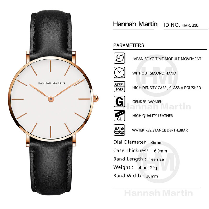 Hannah martin relógio feminino de couro 2018, relógio feminino, pulseira preta, à prova d'água, orologi feminino