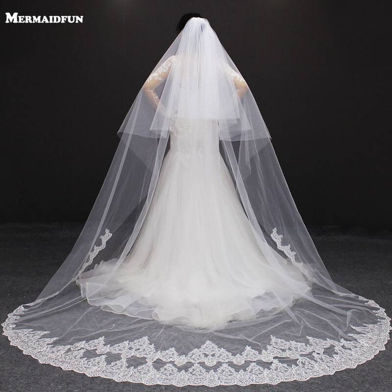 velos de novia 3 Meters 2T White&Ivory Sequins Blings Sparkling Lace Edge Purfle Long Cathedral Wedding Veils