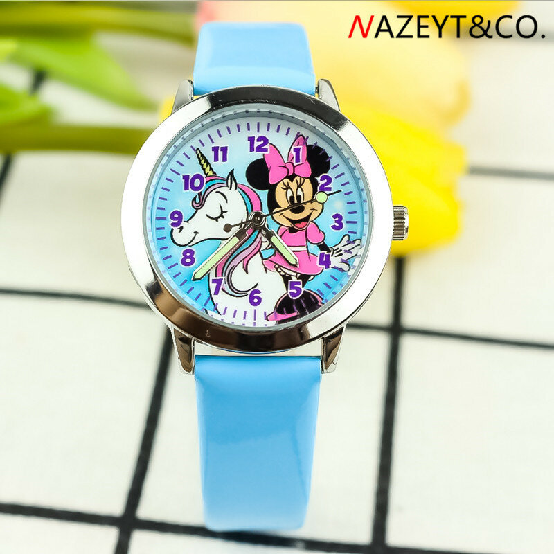 Relógio de quartzo com pulseira fofo de desenhos animados, unicórnio com mickey watch, pupilas e pulseira noctilucentes da moda, 2021