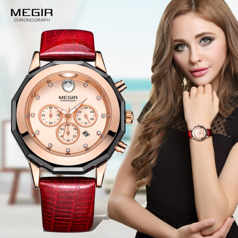 Megir Vrouwen 24-Uur Chronograaf Rode Lederen Band Quartz Horloges Met Lichtgevende Handen Waterdicht Horloge Voor Vrouw Datum 2042