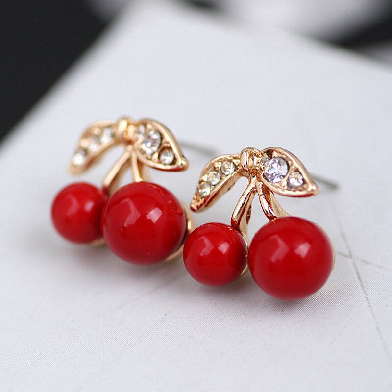 Women Cute Red Cherry Rabbit Earrings of zinc alloy material Crystal Stud Earrings Contracted Fashion Sweet Jewelry Girls Gift