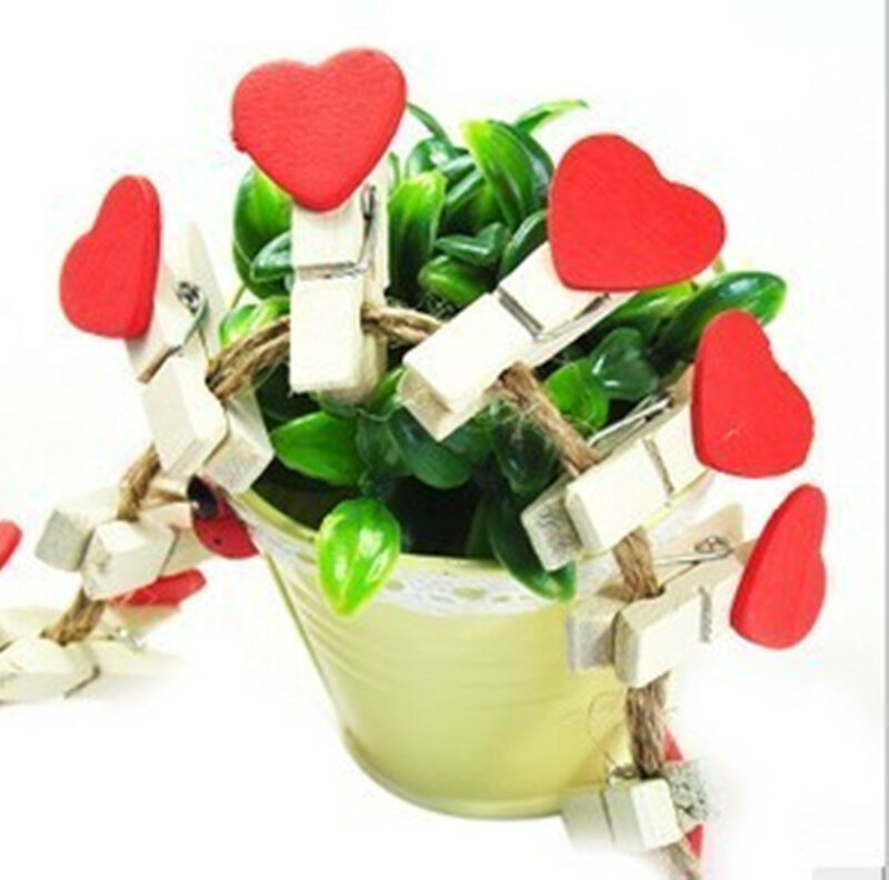 Clip de madera con cuerda para foto de matrimonio, accesorio creativo con forma de corazón rojo para decoración del hogar, 10 unidades