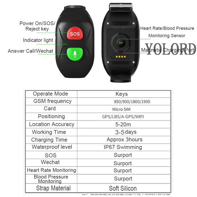 Pulseira inteligente para idosos homem, pulseira smartwatch com gps + posição de wifi, frequência cardíaca, chamada, monitor remoto por app sos