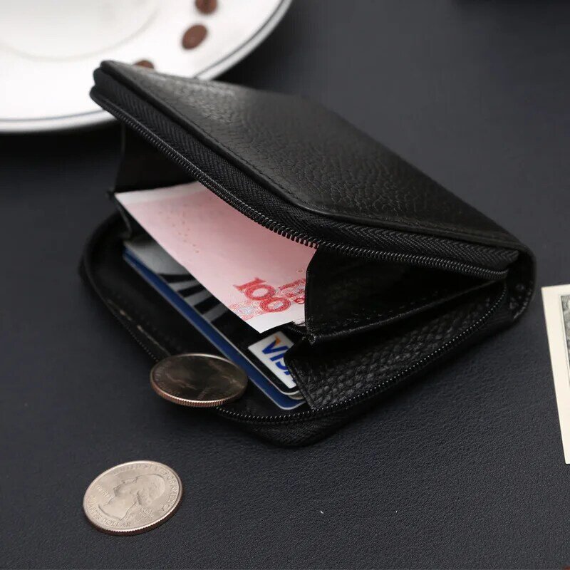 JINBAOLAI Brand Male Wallet Genuine Leather Men Wallets Zipper Short Purses Coin Pocket Soft Solid Small Wallet Mini Money Bag