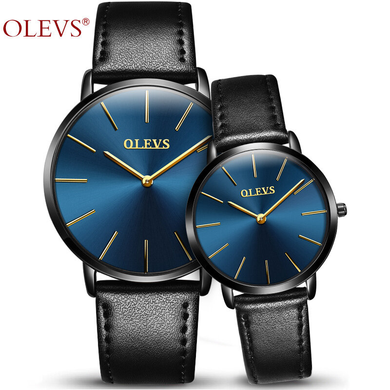 Olevs超薄型カップル時計男性腕時計革時計バンド石英女性腕時計防水愛好家の時計用1ピース価格