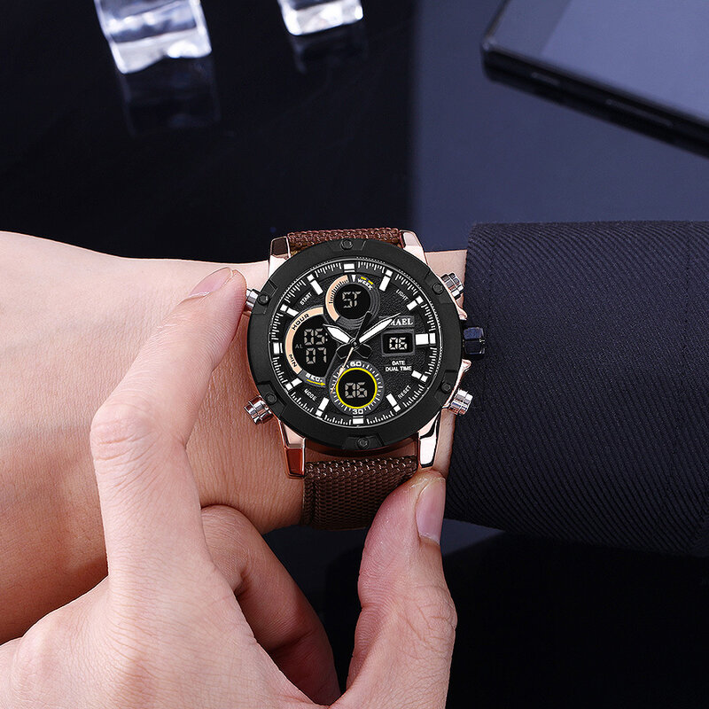 SMAEL นาฬิกาข้อมือ Analog LCD ดิจิตอลสำหรับผู้ชายกีฬานาฬิกาควอตซ์วันที่นาฬิกาจับเวลาไนลอนนาฬิกา
