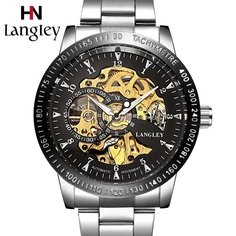 LANGLEY Automatische Uhr Männer Top Marke Edelstahl Mechanische Uhren Männlichen Schwarz Klassische Skeleton Business Uhr Relogio 2018