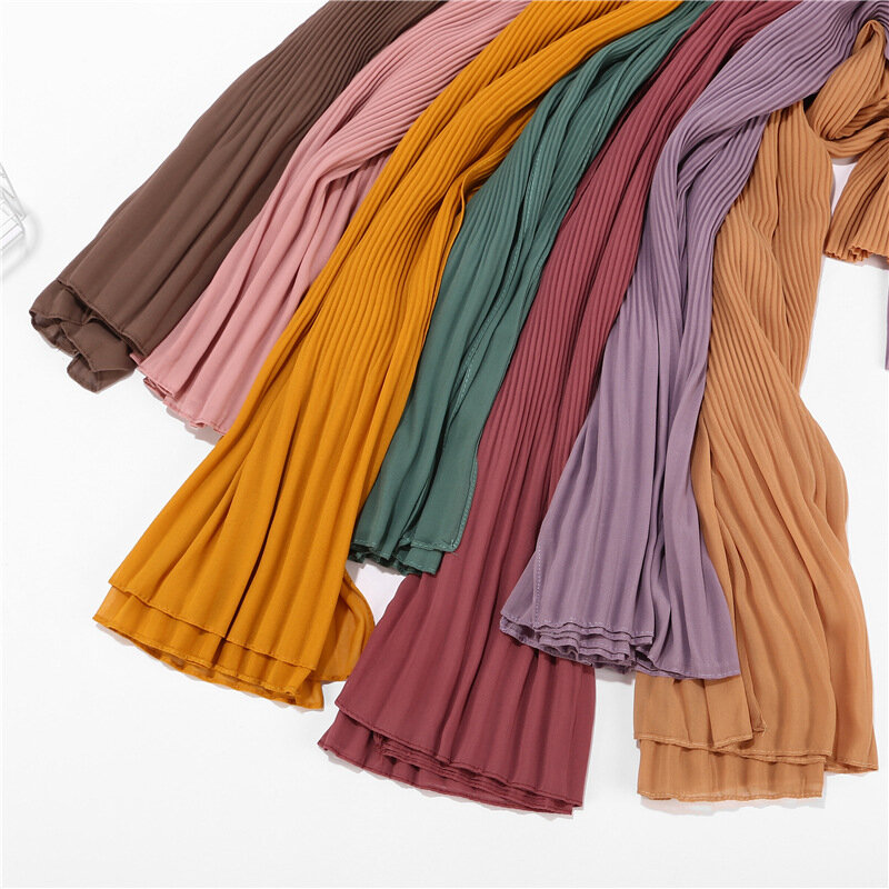 New Style Bubble Chiffon Crinkle Striped Muslim Hijabs Veil Scarf With Pleated Ruffle Edges Plain Long African Shawl Wrap 1pc