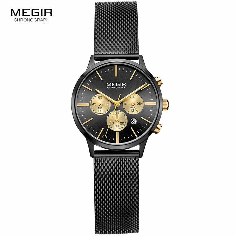 MEGIR-Reloj de pulsera analógico de acero inoxidable para mujer, cronógrafo de cuarzo con indicador de fecha de 24 horas, 2011L