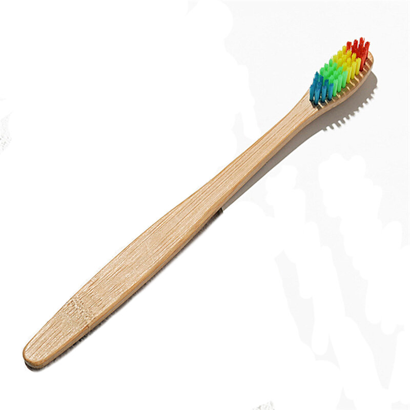 Escova de dentes de fibra de bambu, cores do arco-íris, novidade, cabeça colorida, cerda macia, punho de madeira, cuidados com a boca, 1 peça