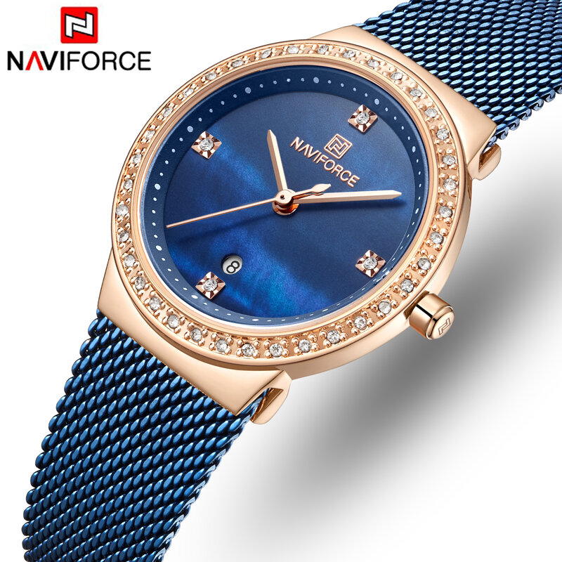 NAVIFORCE – montre à Quartz en acier inoxydable pour femmes, accessoire de luxe, couleur Rose, or et bleu, Simple, avec bracelet en maille