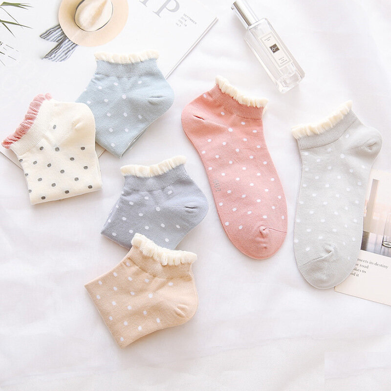 5 pares de calcetines tobilleros de algodón para mujer, divertidos calcetines casuales con cintura baja de algodón, calcetines de arte con lunares