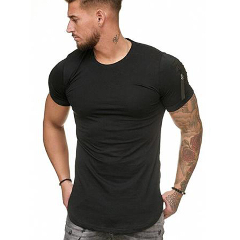 Z krótkim rękawem na zamek błyskawiczny na ramię Streetwear hip-hopowa letnia koszulka męska Longline zaokrąglona krawędź Tshirt Slim śmieszny T-Shirt Plus rozmiar M-3XL