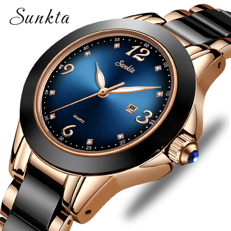 SUNKTA Mode Frauen Uhren Damen Top Marke Luxus Keramik Strass Sport Quarzuhr Frauen Blau Wasserdicht Armband Uhr