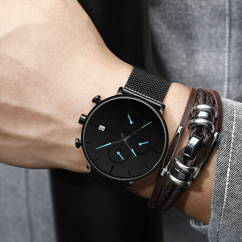 Crrju relógio masculino de luxo, relógio de pulso minimalista para homens com cronógrafo, à prova d'água, com calendário e pulseira de malha