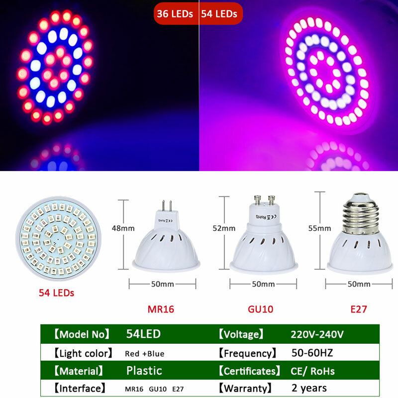 E27 GU10 MR16 Bulb Red + Blue Full Spectrum Led Grow Lamp For Flowering Plant and Hydroponics  Lighting 36 48 72Leds Bulb Lamp