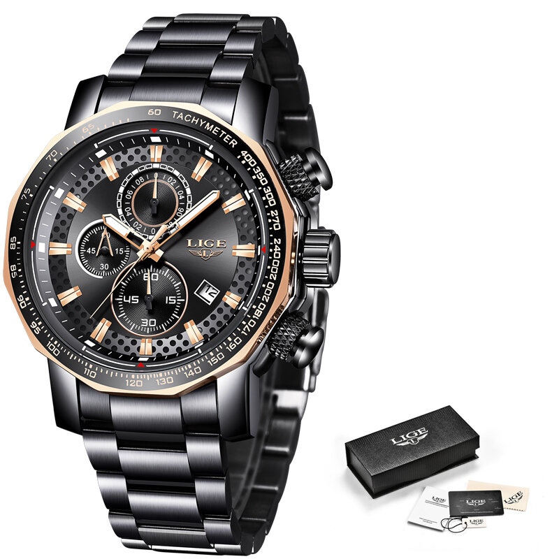LIGE – montre de sport pour homme, marque de luxe, Quartz, tout en acier, horloge militaire, étanche, chronographe Relogio Masculino, nouvelle collection 2019