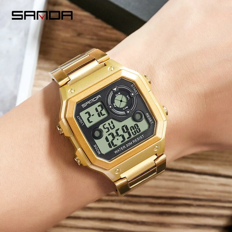 Reloj de negocios para hombre SANDA, reloj informal resistente al agua de acero inoxidable, reloj de pulsera Digital, reloj Masculino Erkek Kol Saati