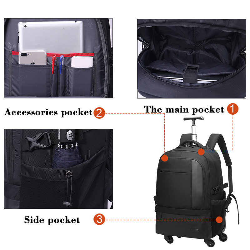 Aoking-حقيبة ظهر بعجلات ذات سعة كبيرة ، حقيبة سفر مقاومة للماء ، متعددة الوظائف مع جيب للكمبيوتر المحمول