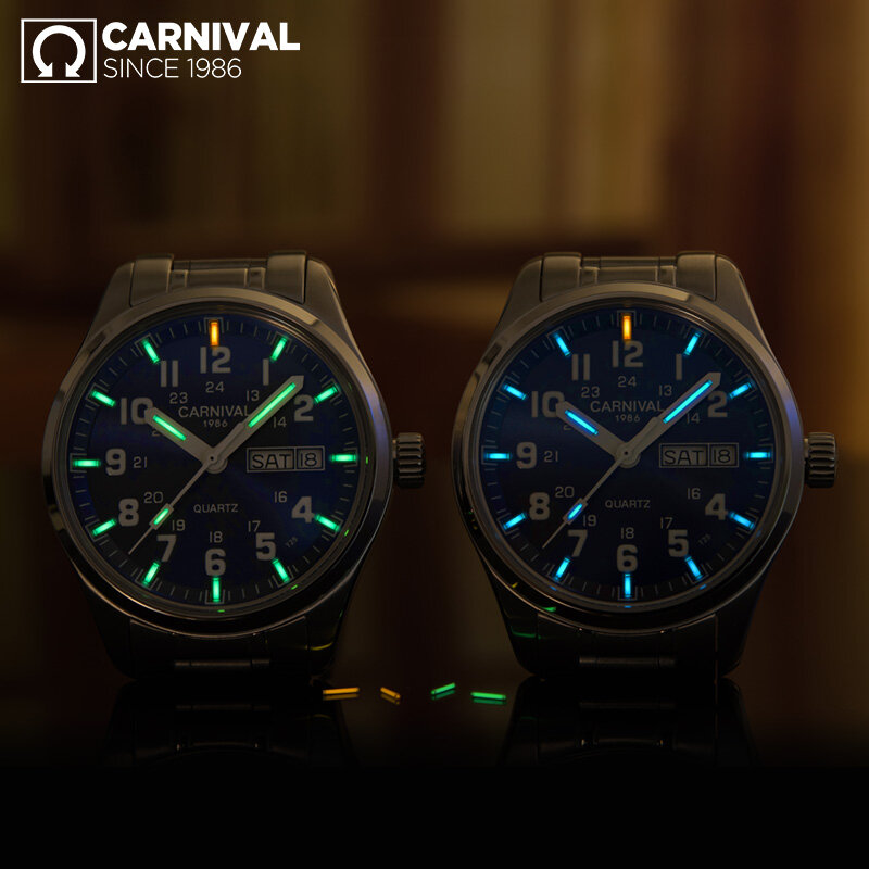 CARNIVAL New Fashion Tritium gas, светящиеся часы, мужские часы, топ-бренд, Роскошные Кварцевые наручные часы, дата недели, мужские часы