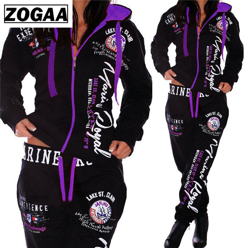 Zogaa-conjunto de agasalho esportivo feminino, calça e moletom com capuz, moda esportiva feminina