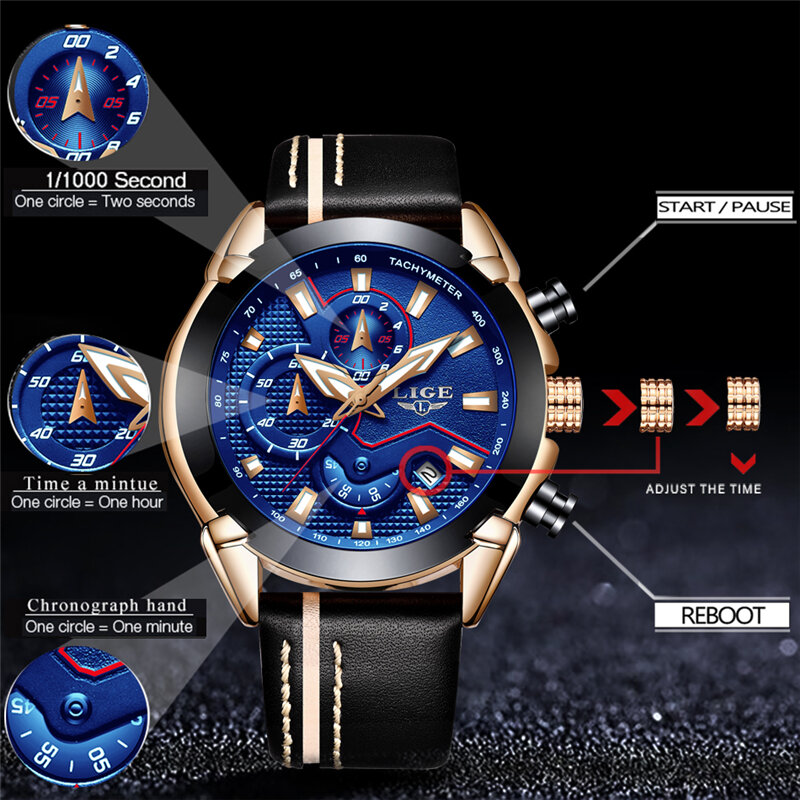 Часы наручные LIGE Мужские кварцевые, брендовые Роскошные спортивные водонепроницаемые в стиле милитари, с автоматической датой